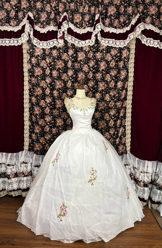 White pink floral princess long tulle ball gown evening dress quinceanera dress nv4654