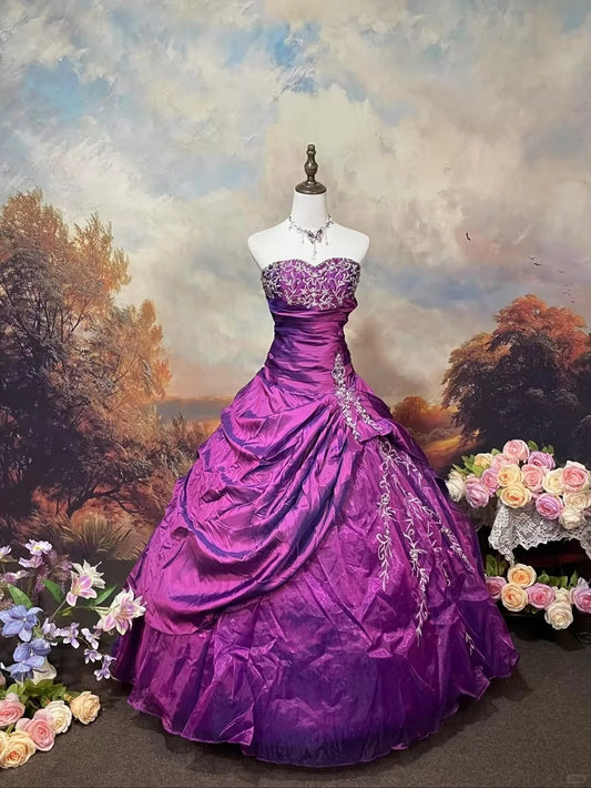 Purple Vintage Fashion Elegant Floral Exquisite Beading Long Satin Floor Length Ball Gown Evening Dress nv4064