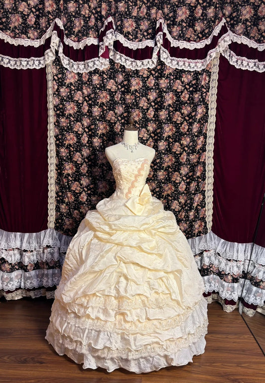 Cream yellow gorgeous sweet and cute exquisite beaded long tulle floor-length princess cake dress prom dress evening dress 16th birthday dress coming of age dress nv4019