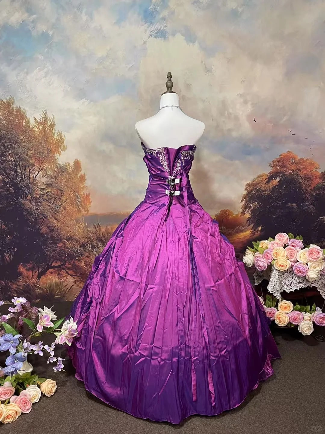 Purple exquisite beaded satin floor-length vintage long ball gown nv5154