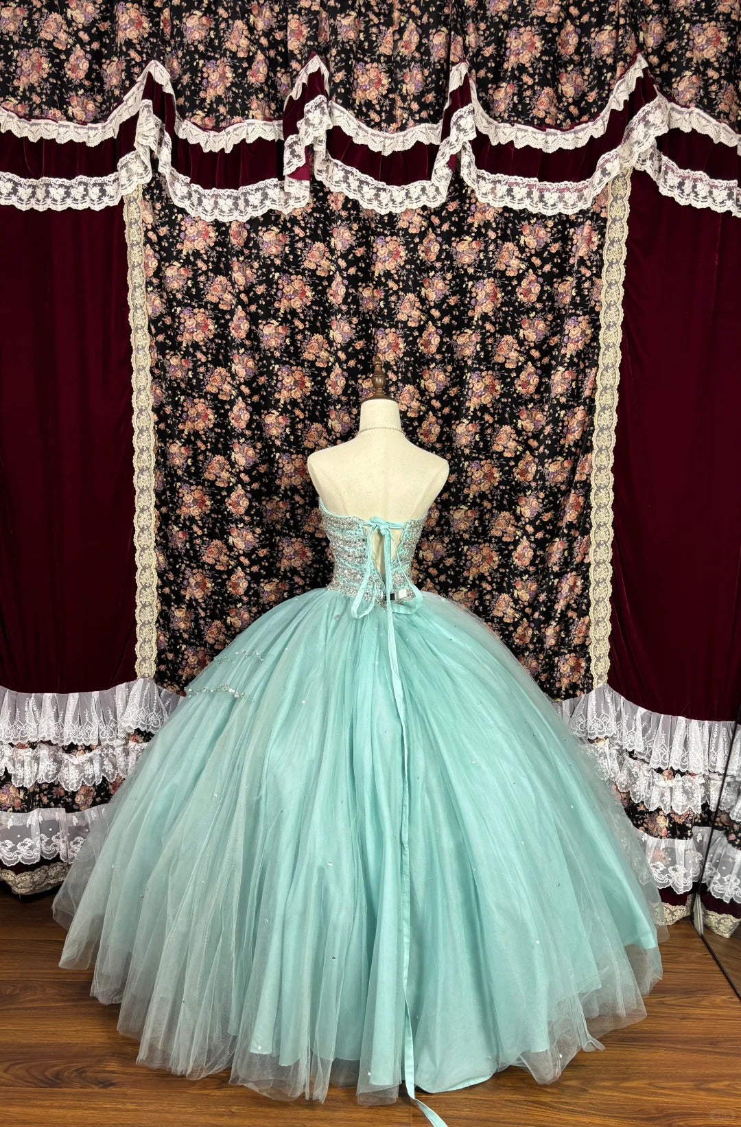 Mint green beaded princess long tulle ball gown evening dress quinceanera dress nv4648