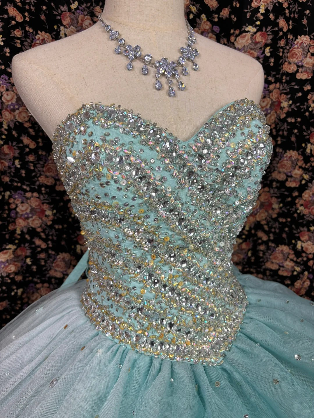 Mint green beaded princess long tulle ball gown evening dress quinceanera dress nv4648
