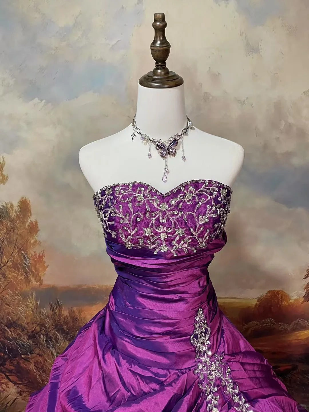 Purple exquisite beaded satin floor-length vintage long ball gown nv5154