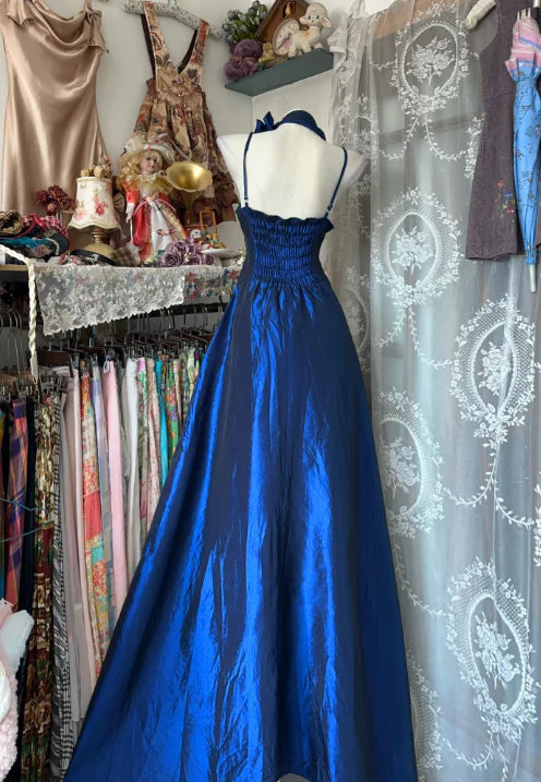 NiceVestidos--Sleeveless Dark Blue Satin A - line Floor - length Evening Dress NV5772