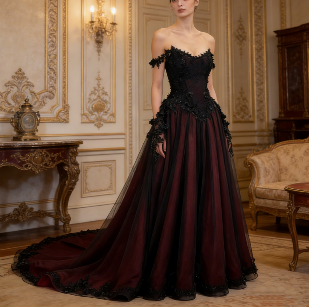 Black Lace Burgundy Strapless Gown - Off-Shoulder Ballgown Evening/Ball/Red Carpet Maxi Dress NV6803