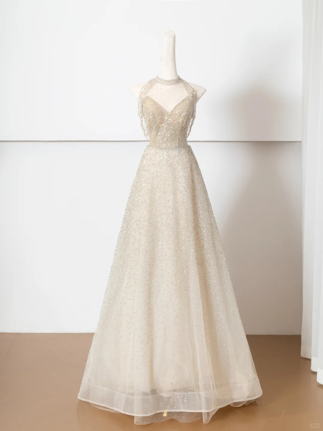 Champagne gold shining elegant tulle long prom dress evening dress party dress nv4753