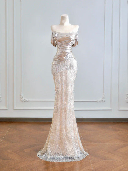 Light Gold Beaded Satin Long Tulle Prom Dress Evening Dress Party Dress nv4945