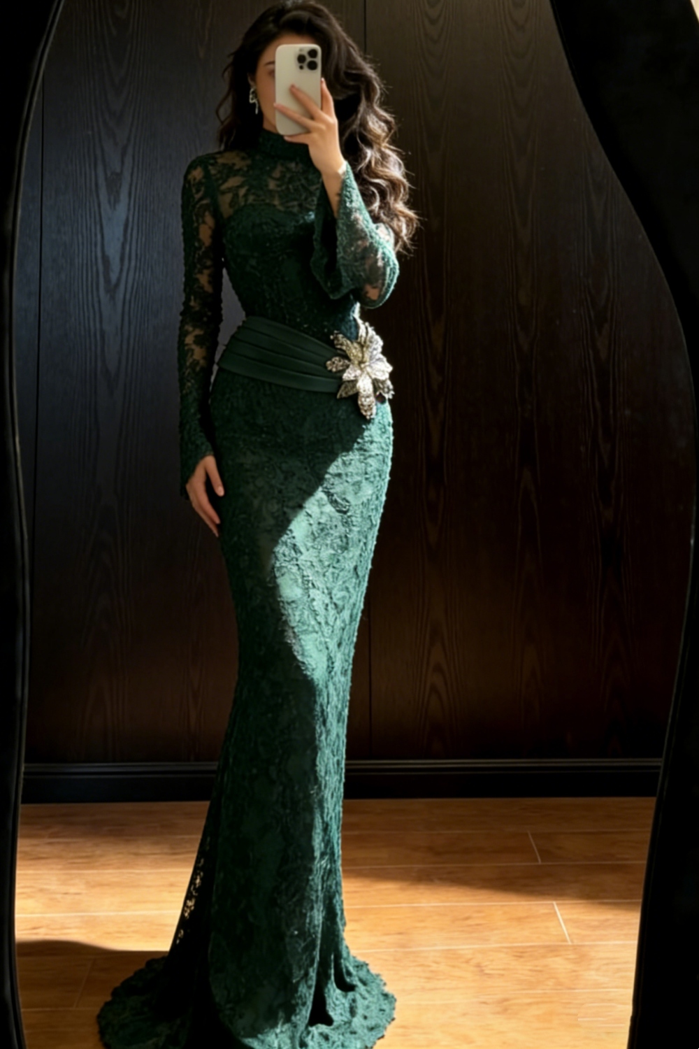 Vintage Dunkelgrünes, figurbetontes Abendkleid aus Spitze mit langen Ärmeln NV6752