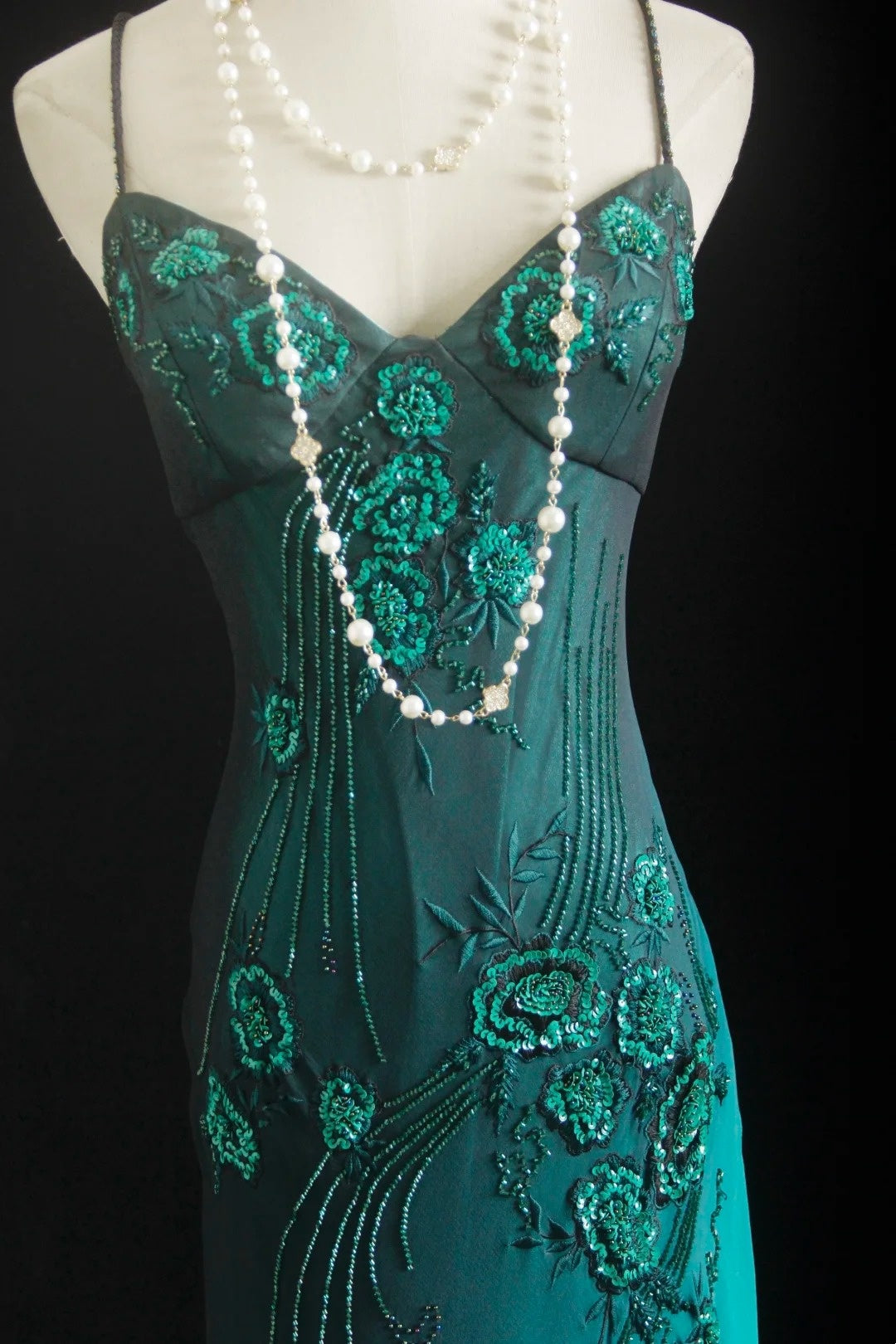 NiceVestidos--Vintage Beaded Glamorous Flowy Teal Gradient Elegant Artistic Floral Beaded Prom Dress NV5790