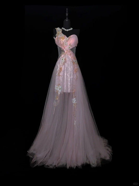 Pink Gorgeous Elegant Fashion Exquisite Floral Beading Long Mermaid Satin Tulle Ball Gown Evening Dress Prom Dress nv3873