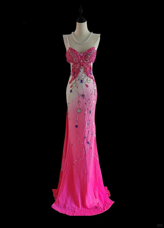 Pink Luxury Gorgeous Vintage Elegant Exquisite Gem Beaded Backless Long Mermaid Floor Length Train Chiffon Ball Gown Evening Gown Party Dress Prom Dress nv3965