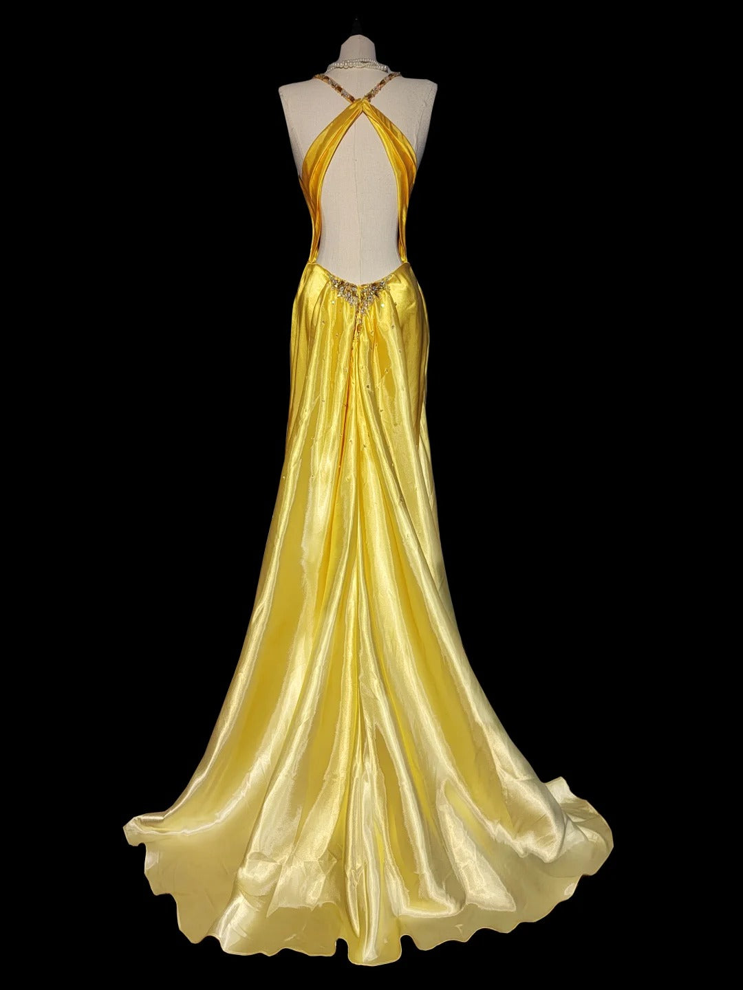 Yellow Fashion Elegant V-neck Exquisite Gem Long Mermaid Slim Fishtail Skirt Satin Floor Length Train Ball Gown Evening Gown Party Gown Prom Dress nv3864