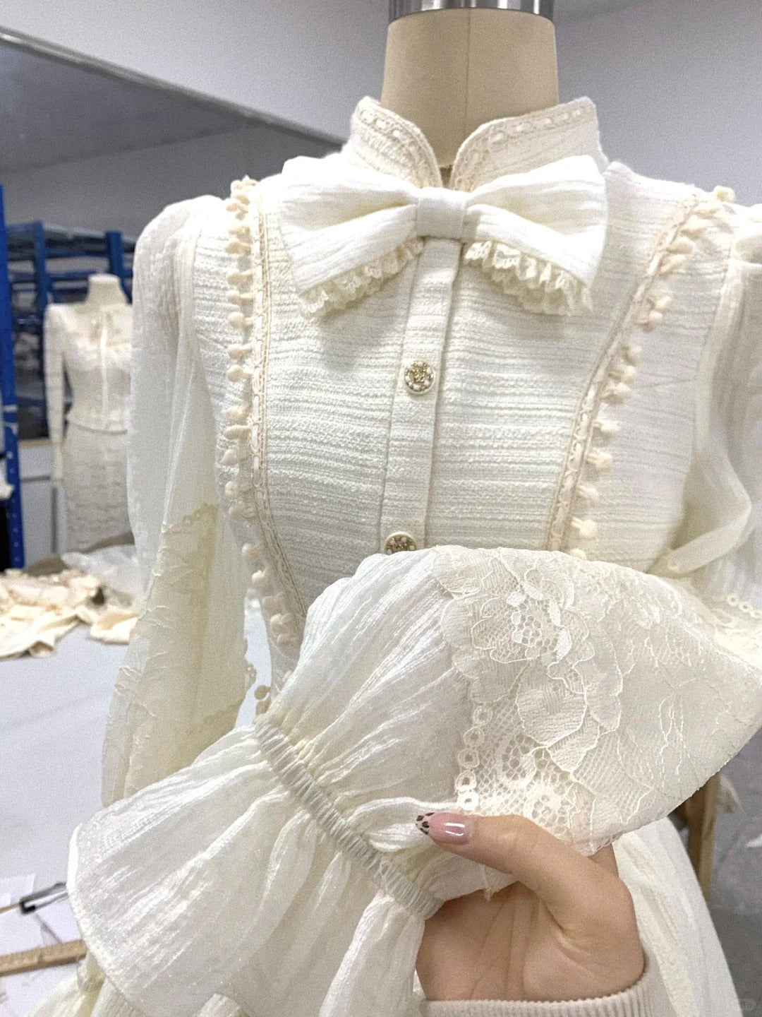 Ivory White Sweet Short Lace See-through Long Sleeve Homecoming Dress Prom Dress Birthday Dress nv4523