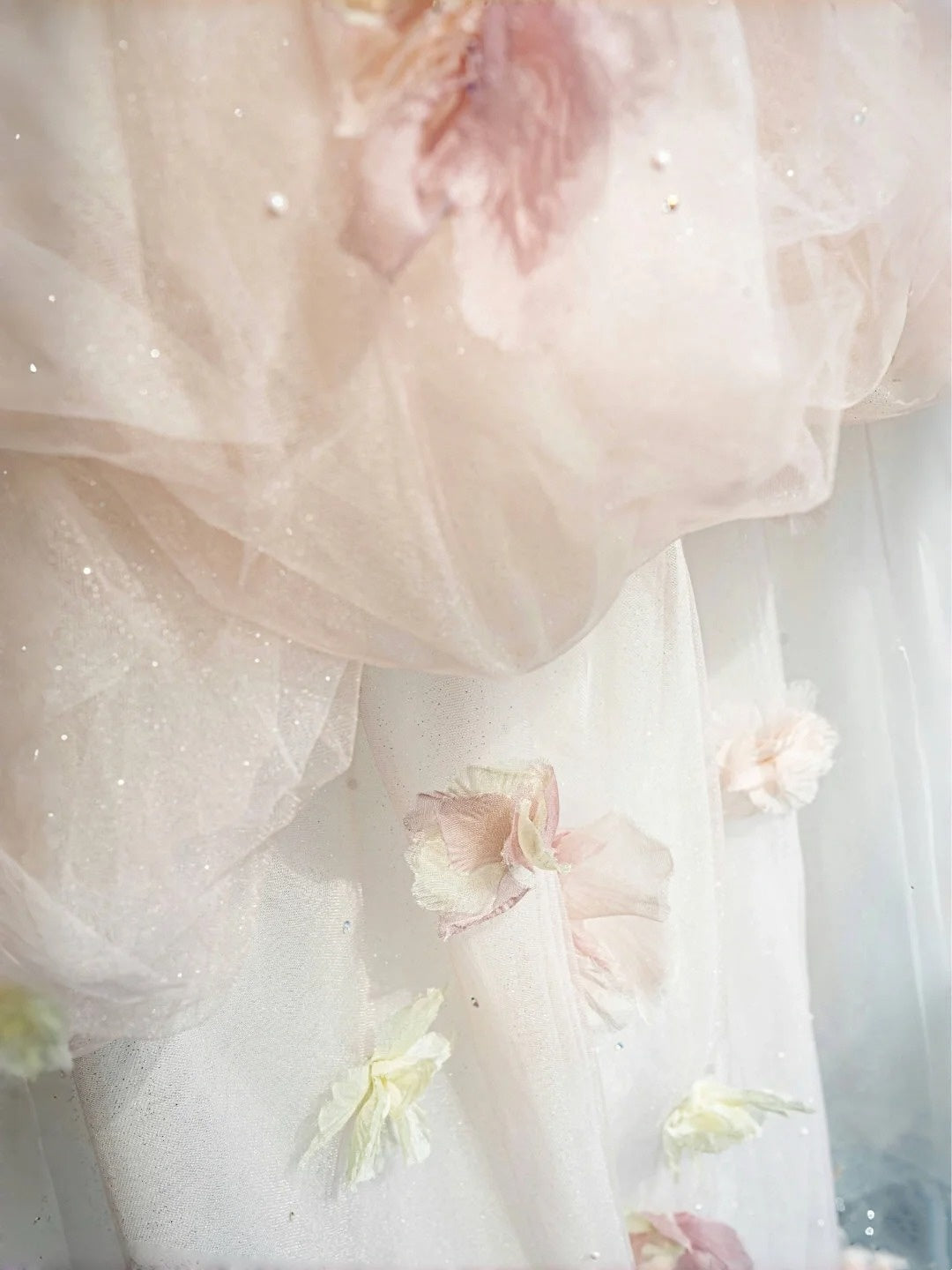 NiceVestidos--Floral Fairy Style:Pink - White 3D Floral Studded Tulle Off - Shoulder Floor - Length Wedding Dress NV5815