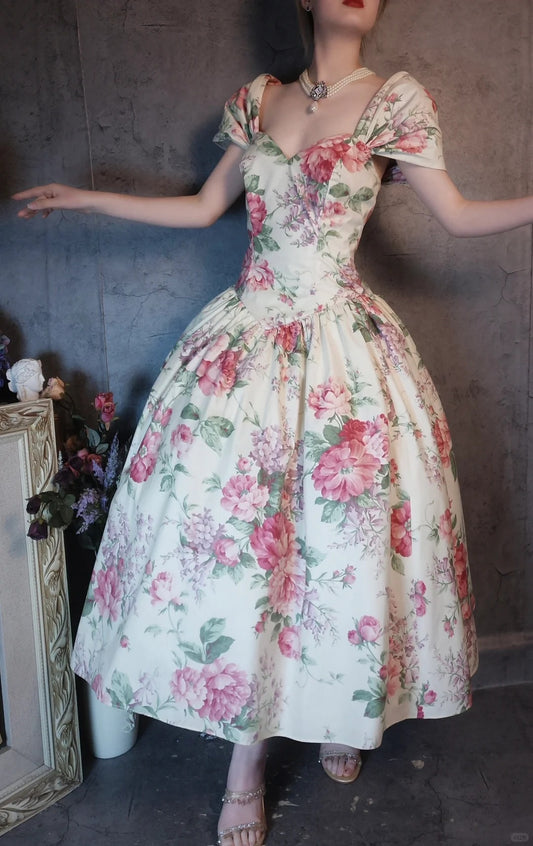 Charming pink vintage floral long satin prom dress nv5435