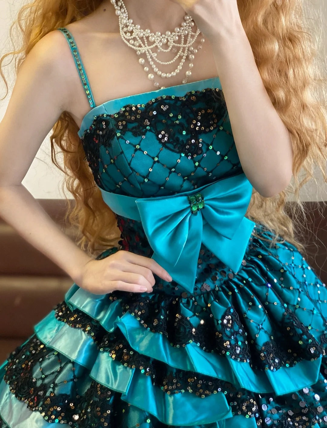 Blue rhinestone beaded long ruffled fashionable long satin princess ball gown nv5046