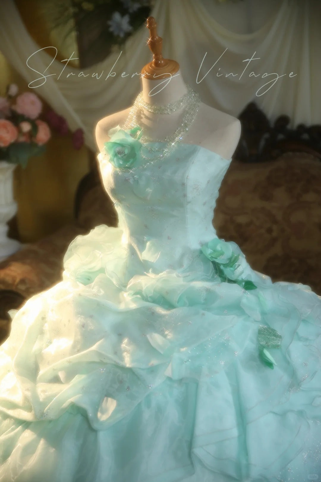 Mint Green Floral Long Tulle Vintage Ball Gown nv5037