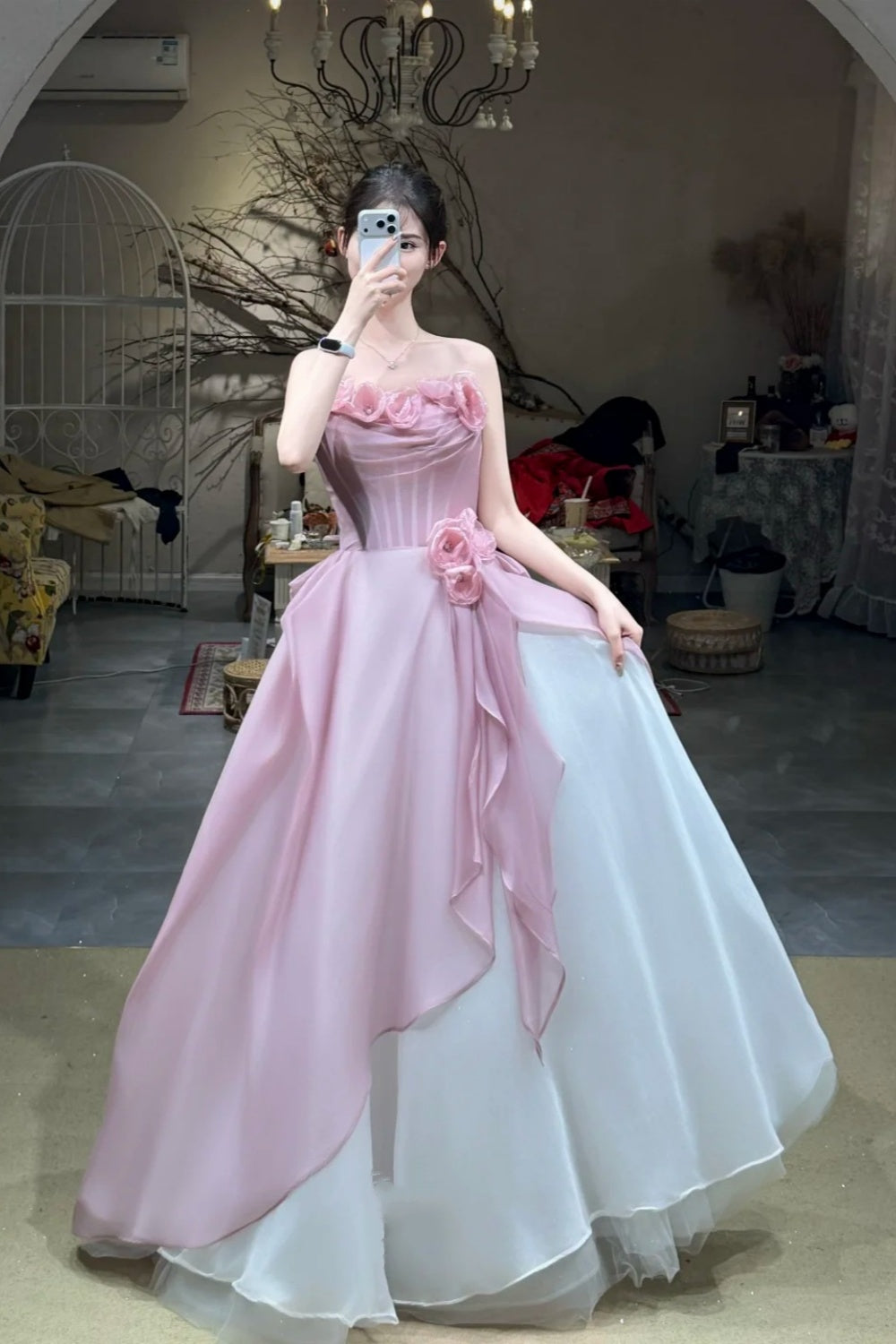 Sweet Element Style Strapless Sleeveless Gown | Pink-White Paneled Tulle 3D Flower Ballgown Maxi Dress for Engagement Luxury Dinner Garden Party NV6273