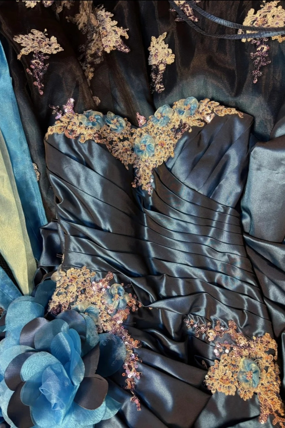 NiceVestidos-_Vintage Deep Sea Blue Satin 3D Floral Embroidered Sequin Court Style Ball Gown NV5913