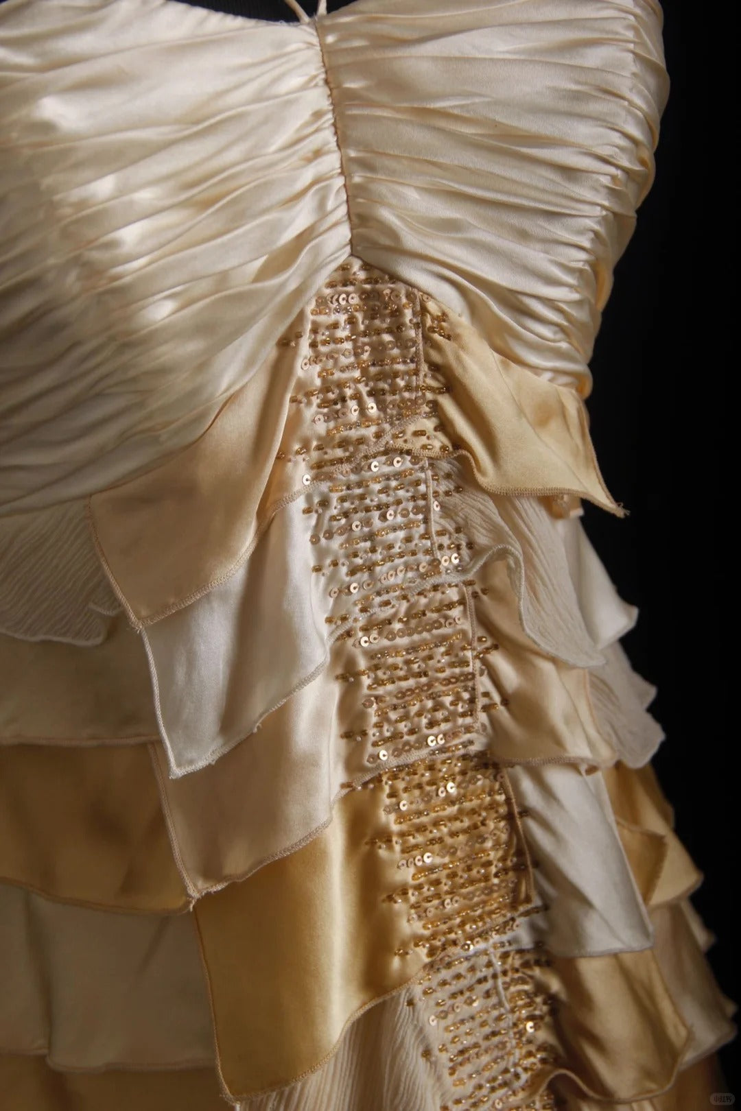 🧡Vintage brown and yellow sequined chiffon long ruffled ball gown party dress nv5208
