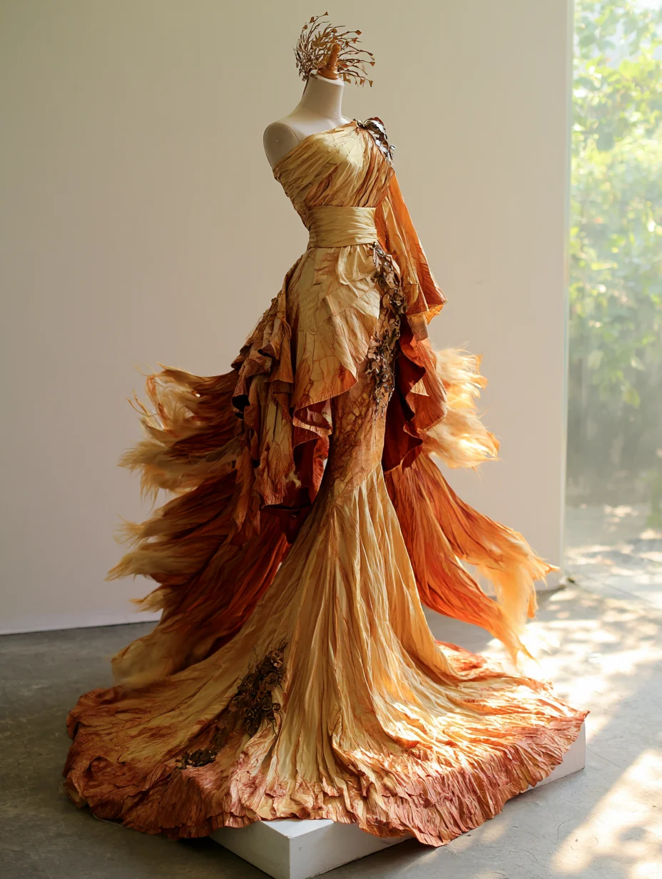 Golden Brown One Shoulder Textured Gradient Mermaid Gown NV7473