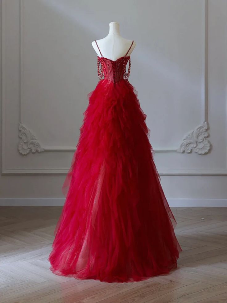 NiceVestidos--Red Spaghetti - Strap Beaded Tulle Gown, Romantic Layered Train Banquet Dress NV5758