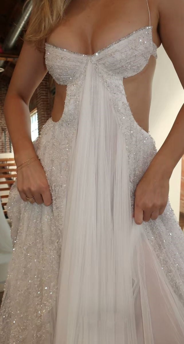 NiceVestidos--White Tulle Exquisite Sparkling Long Prom Dress Ball Gown Wedding Dress NV5842