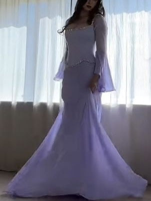 NiceVestidos--Dreamy Goddess Style Lavender Chiffon Long Flared Sleeve Extra-Long Evening Dress NV5795