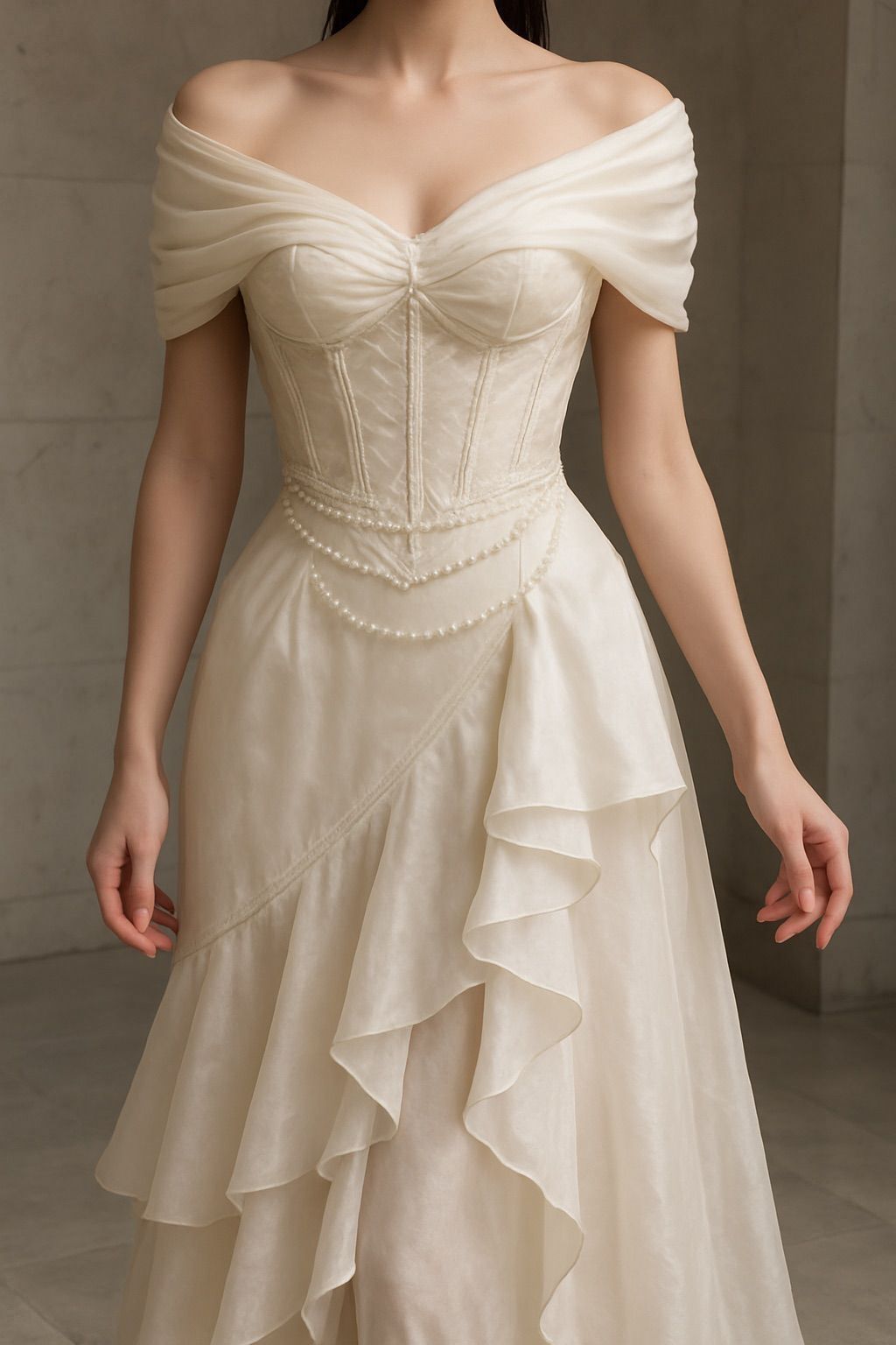 NiceVestidos – Vintage Beige schulterfreies, perlenbesetztes, elegantes langes Rüschenkleid NV5907