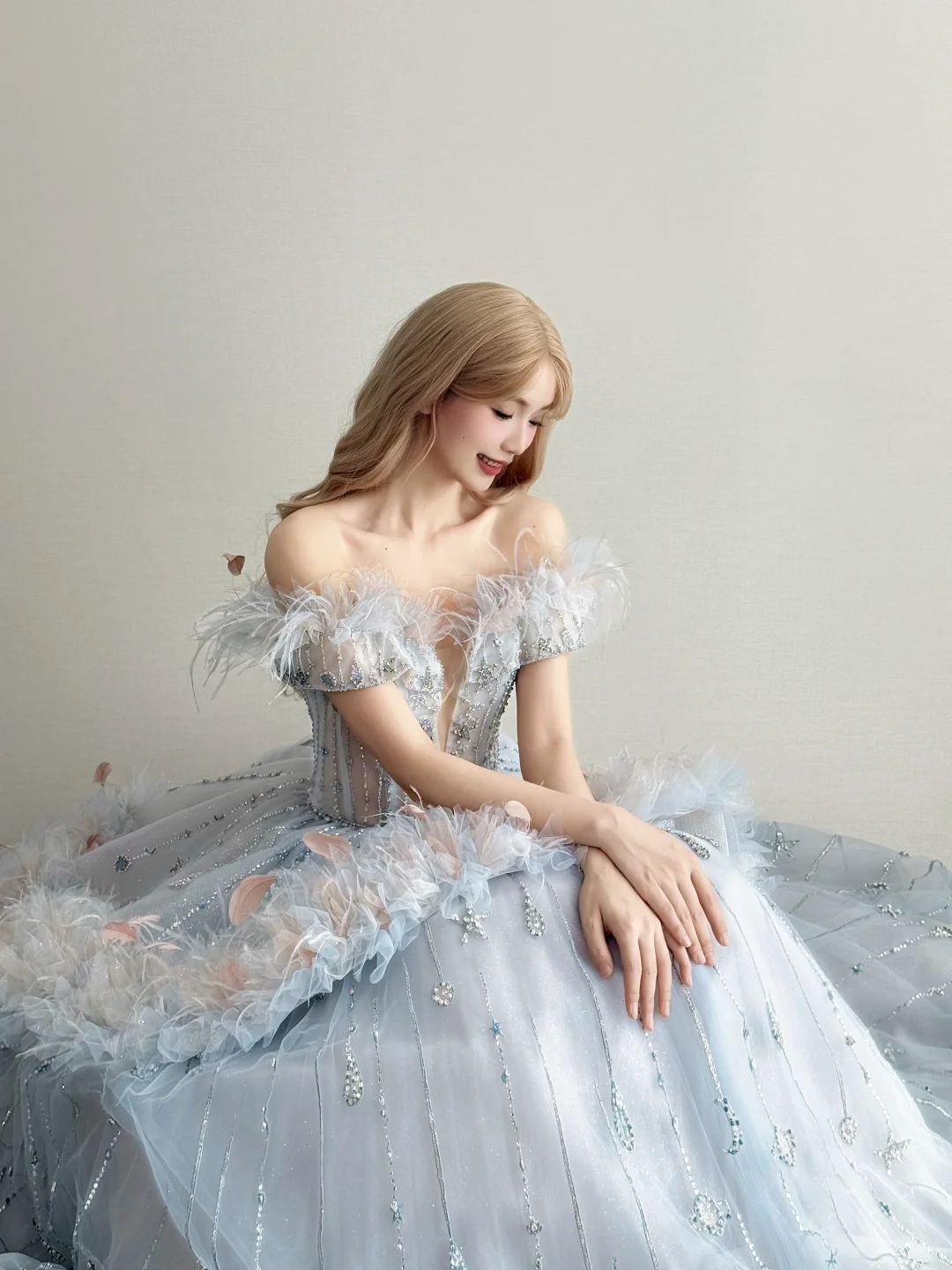 Light Ice Blue Feather Off Shoulder Prom Gown Star Moon Rhinestone Tulle Formal Dress NV7165