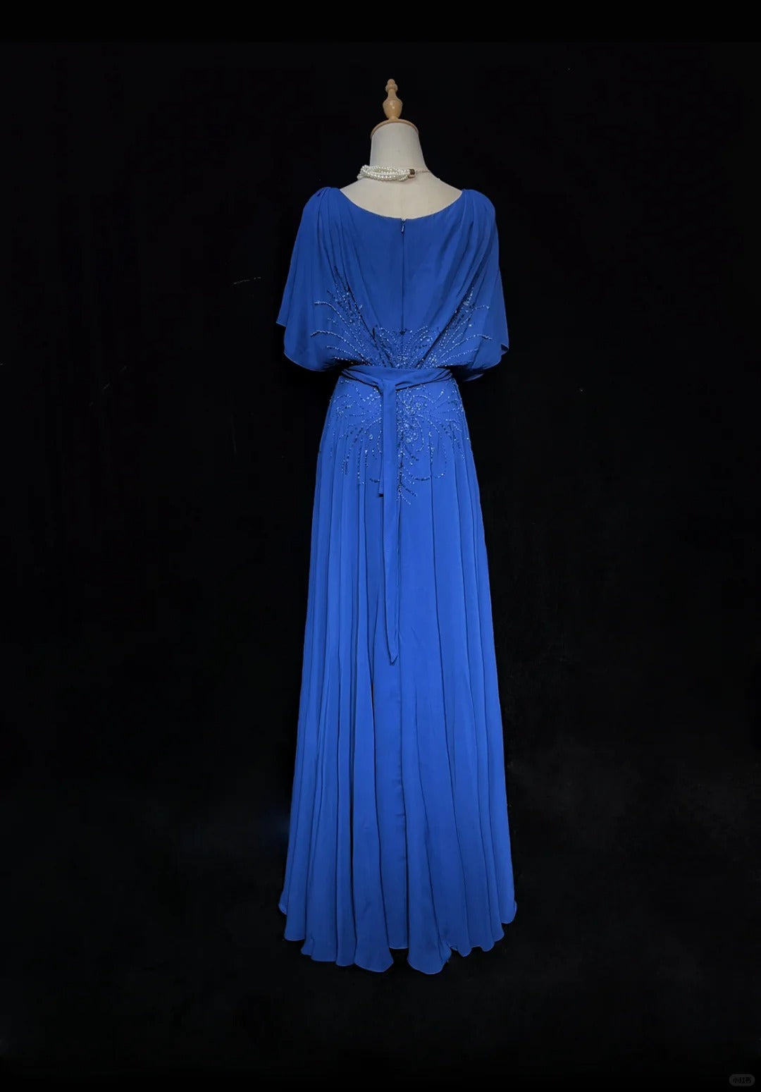 Blue Vintage Elegant Exquisite Beaded Short Sleeve Long Chiffon Ball Gown Evening Dress Party Dress Wedding Mother's Dress Prom Dress nv3961