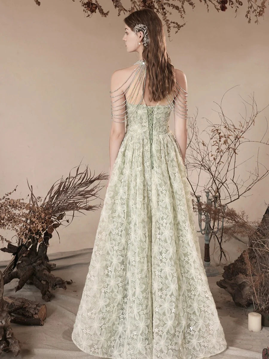 Cute Tulle Flower Floor Length Green Prom Dress, Beautiful Backless A-Line Evening Party Dress nv1414