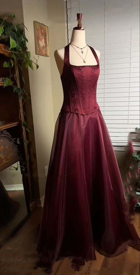 Burgundy red vintage elegant shiny beaded long tulle ball gown evening dress party dress nv2608