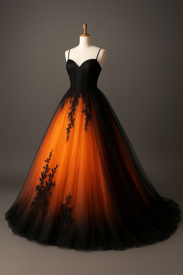 Schwarzes und orangefarbenes Ballkleid mit Farbverlauf und Stickerei: Herzförmiger Ausschnitt, florale Borte, Retro-Maxikleid für den Abend NV6435
