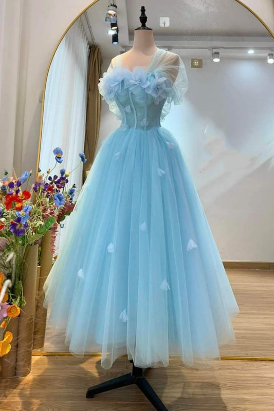 blue floral long tulle prom dress birthday party dress nv5288