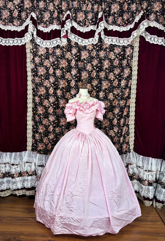 Pink floral beaded princess long satin ball gown evening dress quinceanera dress nv4649