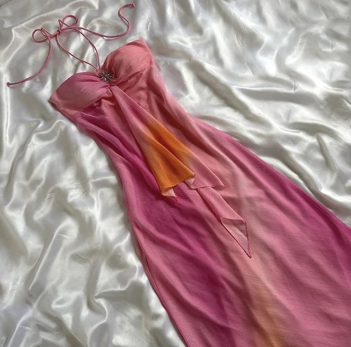 Pink Gorgeous Gradient Strapless Long Chiffon Elegant Ball Gown Evening Dress Party Dress nv4610