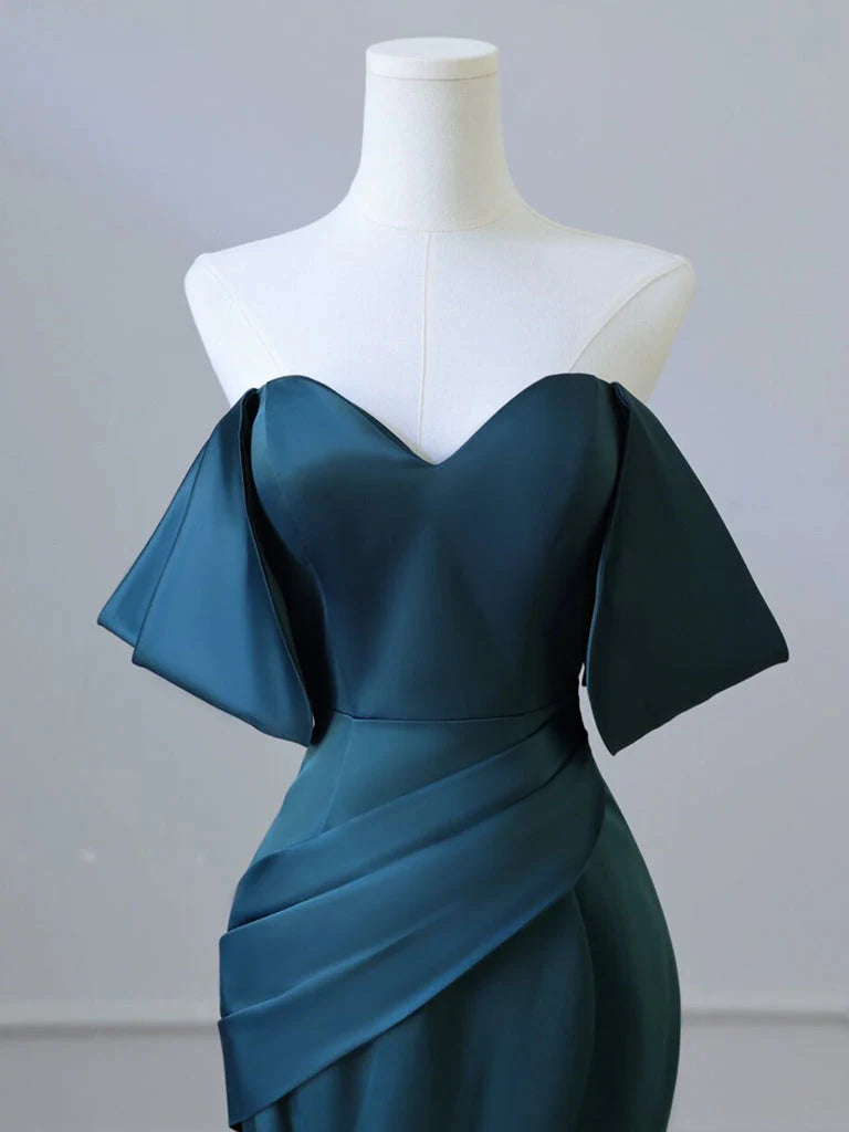 Simple Off Shoulder Satin Ink Blue Long Prom Dress, Ink Blue Long Formal Dress nv1467
