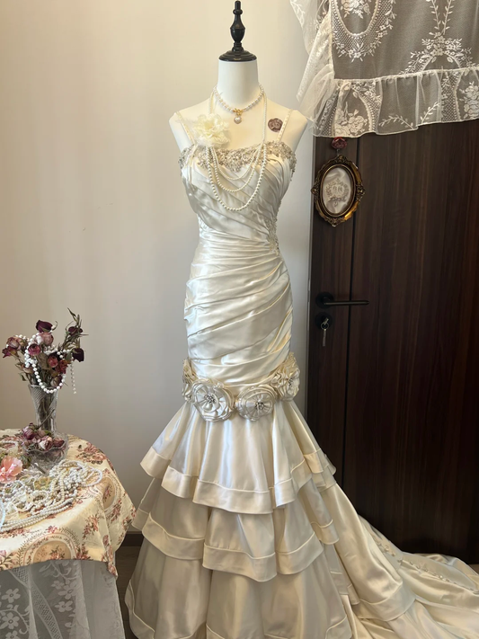 Ivory White Floral Beaded Long Satin Ball Gown Evening Gown Wedding Dress nv4216