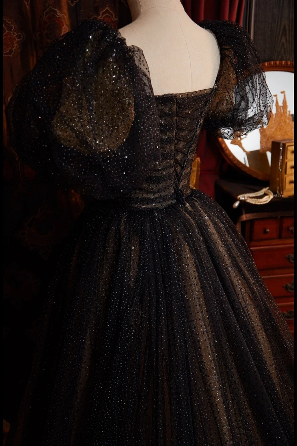 Dark Gold-Embroidered Dress, Mysterious Retro Long Shimmering Gown NV6537