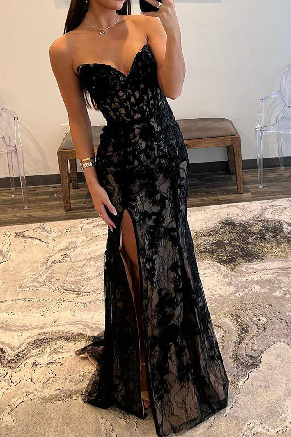 Black exquisite lace applique mermaid slim fit long elegant ball gown evening dress party dress nv1629