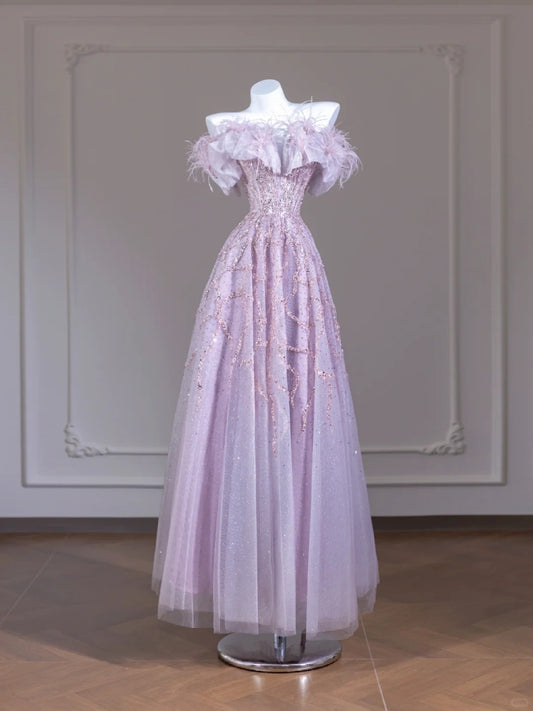 Purple Sparkling Beaded Feather Long Prom Dress nv4968