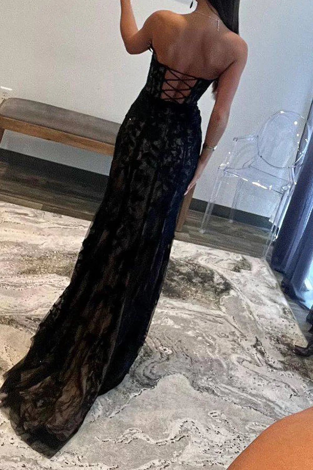 Black exquisite lace applique mermaid slim fit long elegant ball gown evening dress party dress nv1629