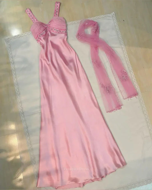 Pink Fashion Exquisite Rhinestone Strap Short Long Satin Ball Gown Birthday Party Dress Evening Dress Prom Dress Bridesmaid Dress nv3883