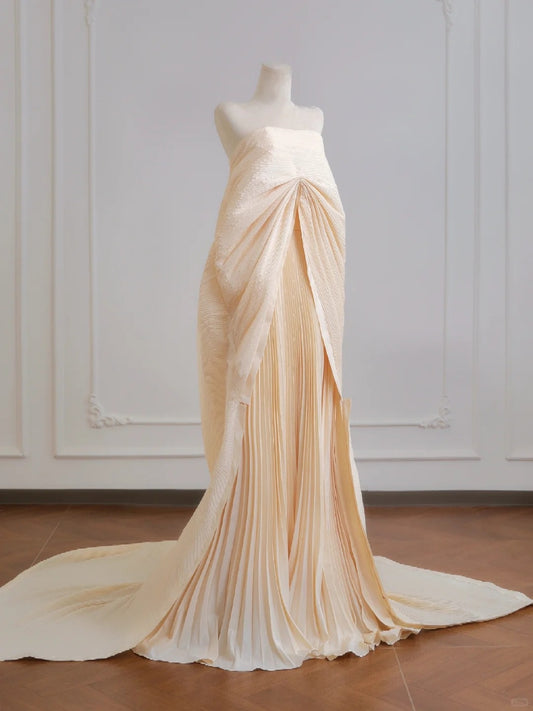 Off-white Fashion Lazy Long Satin Ball Gown Evening Dress nv4944