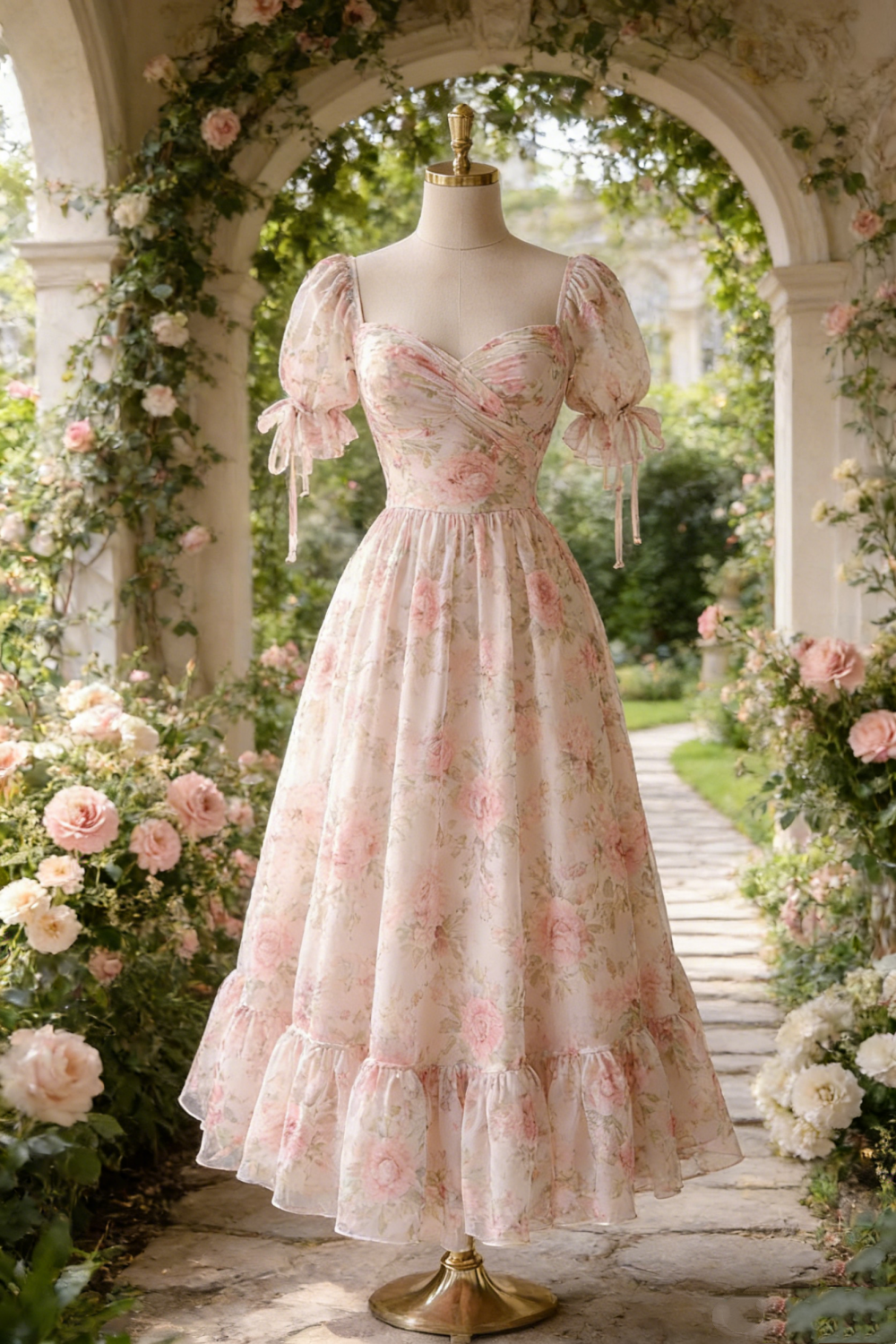 Rosa Maxikleid mit Blumenmuster, Puffärmeln und Bindedetail – Elegantes Kleid für Dates und Geburtstagsfeiern NV6792