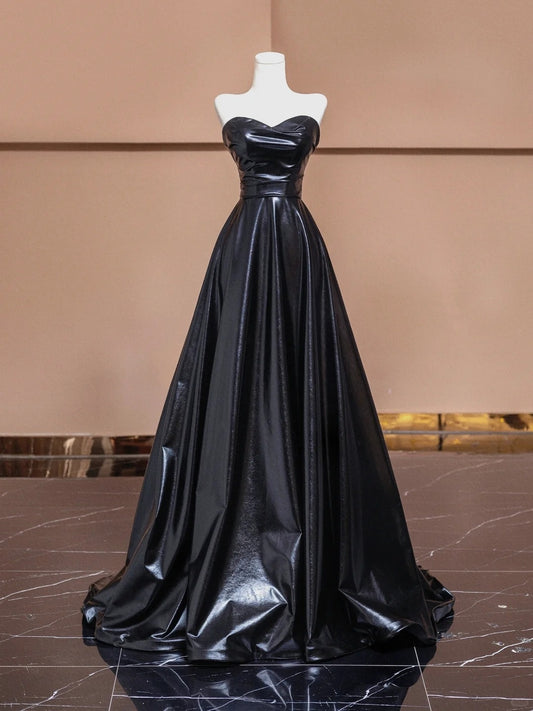 Black simple stylish satin floor-length ball gown evening dress nv5055