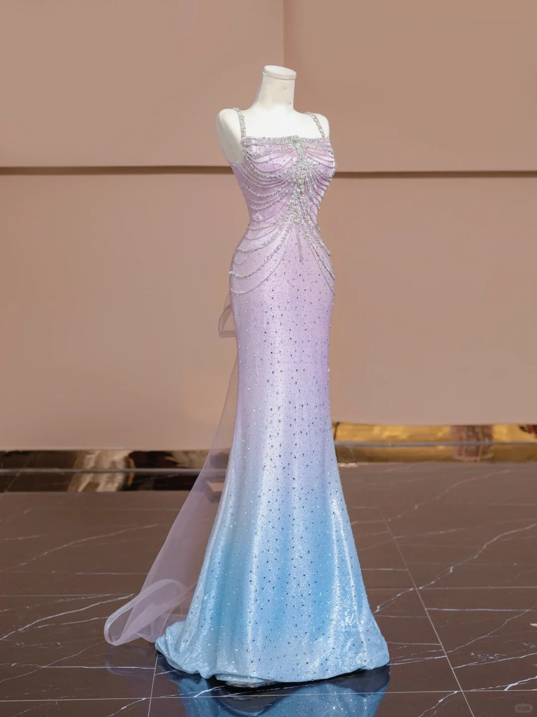 Blue Pink Glitter Beaded Ombre Long Tulle Mermaid Bodycon Floor Length Ball Gown Evening Gown Party Dress nv5054
