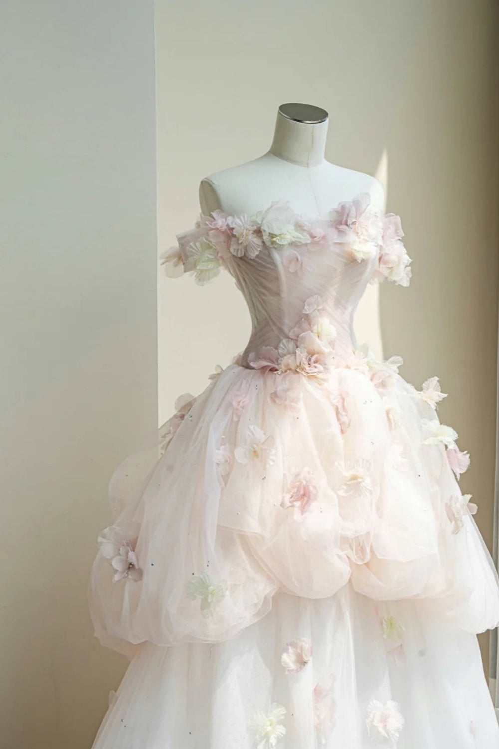 NiceVestidos--Floral Fairy Style:Pink - White 3D Floral Studded Tulle Off - Shoulder Floor - Length Wedding Dress NV5815