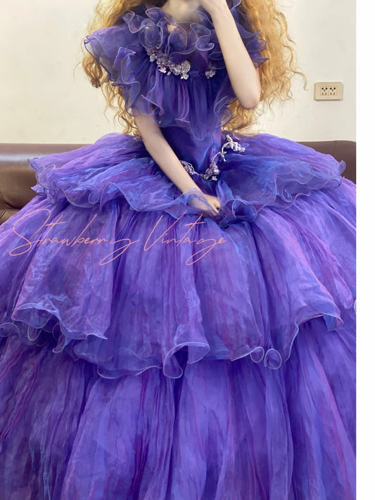 Purple applique vintage elegant long princess tulle ball gown nv5030